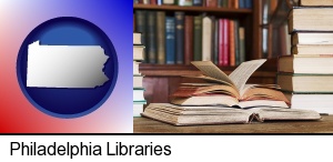 Philadelphia, Pennsylvania - books on a library table and on library bookshelves