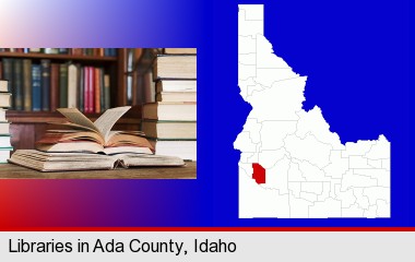 books on a library table and on library bookshelves; Ada County highlighted in red on a map