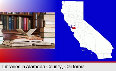 books on a library table and on library bookshelves; Alameda County highlighted in red on a map