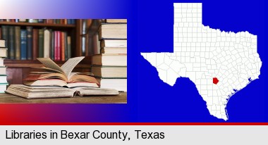 books on a library table and on library bookshelves; Bexar County highlighted in red on a map