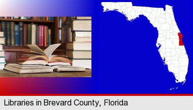 books on a library table and on library bookshelves; Brevard County highlighted in red on a map