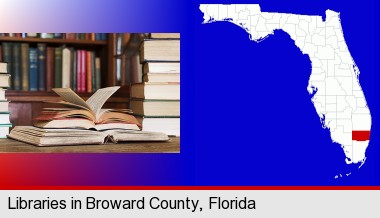 books on a library table and on library bookshelves; Broward County highlighted in red on a map