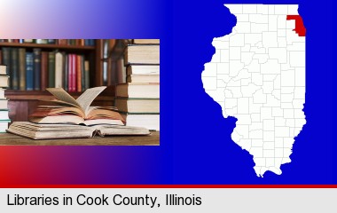 books on a library table and on library bookshelves; Cook County highlighted in red on a map