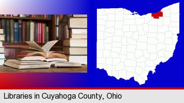 books on a library table and on library bookshelves; Cuyahoga County highlighted in red on a map