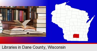 books on a library table and on library bookshelves; Dane County highlighted in red on a map