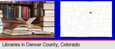 books on a library table and on library bookshelves; Denver County highlighted in red on a map