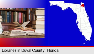books on a library table and on library bookshelves; Duval County highlighted in red on a map