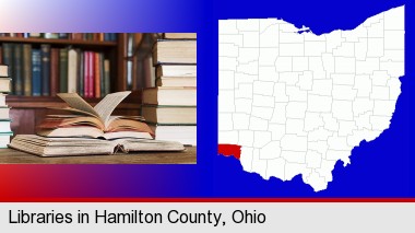 books on a library table and on library bookshelves; Hamilton County highlighted in red on a map