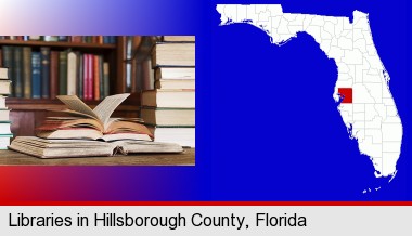 books on a library table and on library bookshelves; Hillsborough County highlighted in red on a map