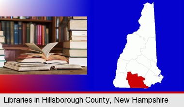 books on a library table and on library bookshelves; Hillsborough County highlighted in red on a map