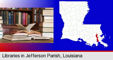 books on a library table and on library bookshelves; Jefferson Parish highlighted in red on a map