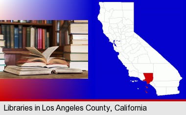 books on a library table and on library bookshelves; Los Angeles County highlighted in red on a map