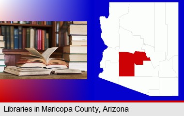 books on a library table and on library bookshelves; Maricopa County highlighted in red on a map