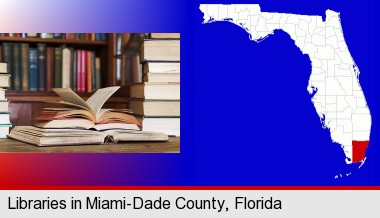 books on a library table and on library bookshelves; Miami-Dade County highlighted in red on a map