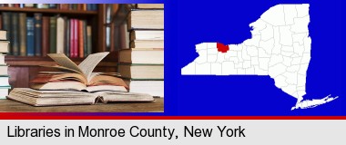books on a library table and on library bookshelves; Monroe County highlighted in red on a map