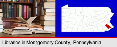 books on a library table and on library bookshelves; Montgomery County highlighted in red on a map