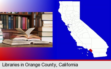books on a library table and on library bookshelves; Orange County highlighted in red on a map