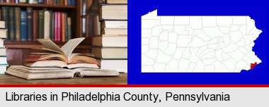 books on a library table and on library bookshelves; Philadelphia County highlighted in red on a map