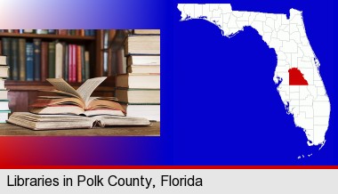 books on a library table and on library bookshelves; Polk County highlighted in red on a map