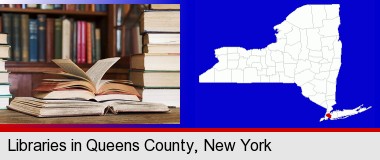 books on a library table and on library bookshelves; Queens County highlighted in red on a map