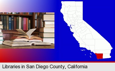 books on a library table and on library bookshelves; San Diego County highlighted in red on a map
