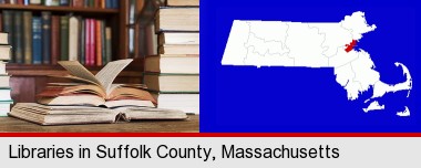 books on a library table and on library bookshelves; Suffolk County highlighted in red on a map