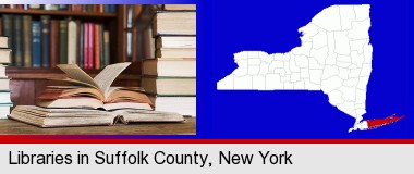 books on a library table and on library bookshelves; Suffolk County highlighted in red on a map