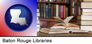 books on a library table and on library bookshelves in Baton Rouge, LA