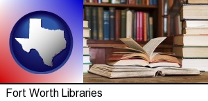 Fort Worth, Texas - books on a library table and on library bookshelves