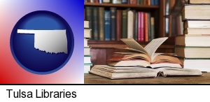 Tulsa, Oklahoma - books on a library table and on library bookshelves
