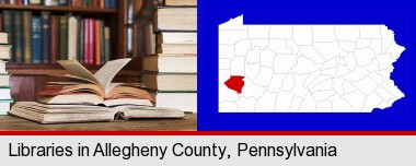 books on a library table and on library bookshelves; Allegheny County highlighted in red on a map