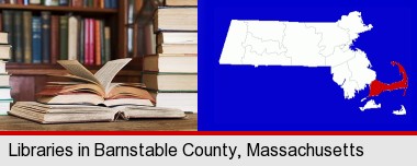 books on a library table and on library bookshelves; Barnstable County highlighted in red on a map