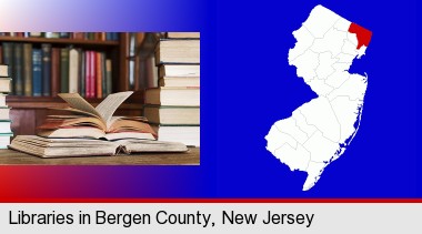 books on a library table and on library bookshelves; Bergen County highlighted in red on a map