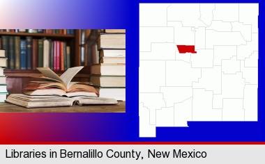 books on a library table and on library bookshelves; Bernalillo County highlighted in red on a map