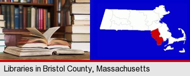 books on a library table and on library bookshelves; Bristol County highlighted in red on a map