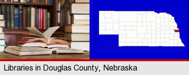 books on a library table and on library bookshelves; Douglas County highlighted in red on a map