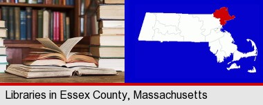 books on a library table and on library bookshelves; Essex County highlighted in red on a map