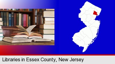 books on a library table and on library bookshelves; Essex County highlighted in red on a map
