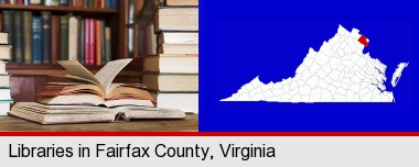 books on a library table and on library bookshelves; Fairfax County highlighted in red on a map