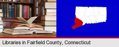books on a library table and on library bookshelves; Fairfield County highlighted in red on a map