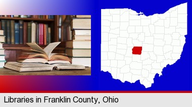 books on a library table and on library bookshelves; Franklin County highlighted in red on a map