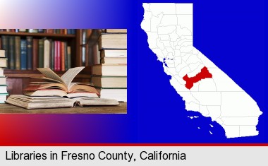 books on a library table and on library bookshelves; Fresno County highlighted in red on a map