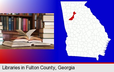 books on a library table and on library bookshelves; Fulton County highlighted in red on a map