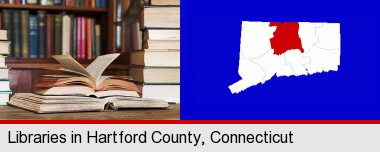 books on a library table and on library bookshelves; Hartford County highlighted in red on a map