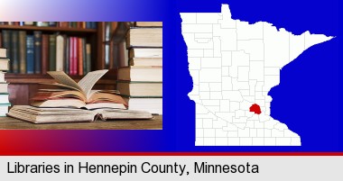 books on a library table and on library bookshelves; Hennepin County highlighted in red on a map