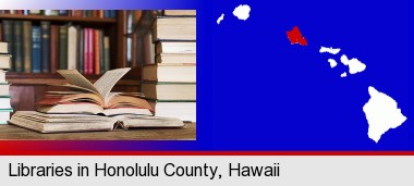 books on a library table and on library bookshelves; Honolulu County highlighted in red on a map