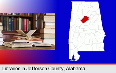 books on a library table and on library bookshelves; Jefferson County highlighted in red on a map