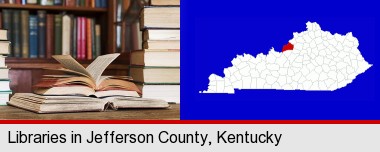 books on a library table and on library bookshelves; Jefferson County highlighted in red on a map
