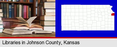 books on a library table and on library bookshelves; Johnson County highlighted in red on a map