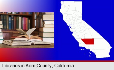 books on a library table and on library bookshelves; Kern County highlighted in red on a map